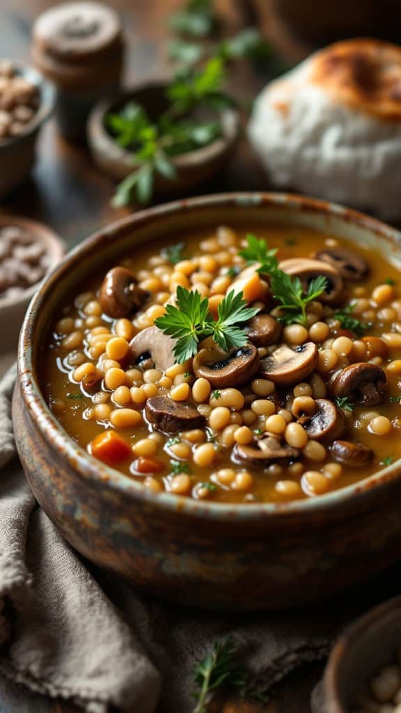 A bowl of hearty mushroom and barley soup garnished with fresh herbs.