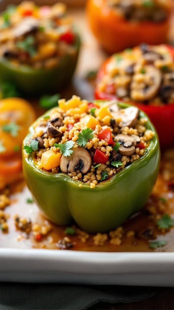 Mushroom and quinoa stuffed peppers topped with fresh herbs on a serving dish.