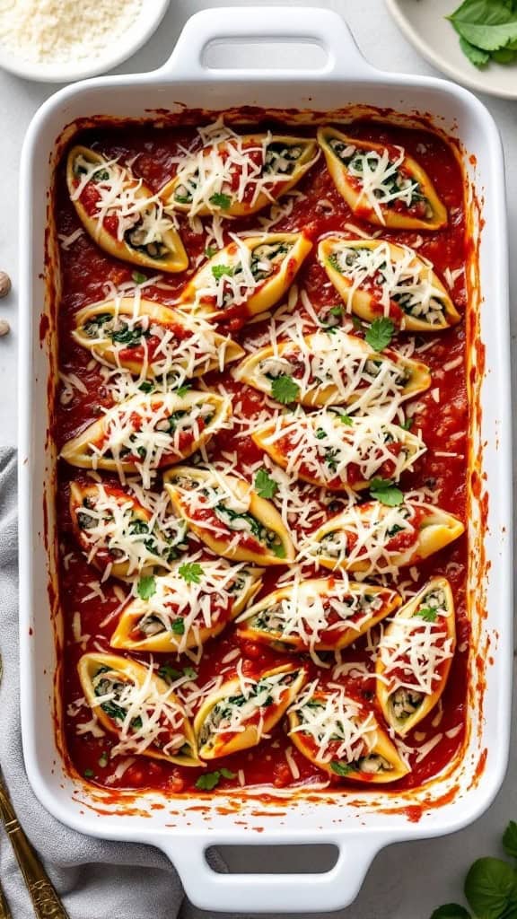 A dish of mushroom and spinach stuffed pasta shells topped with cheese in marinara sauce.
