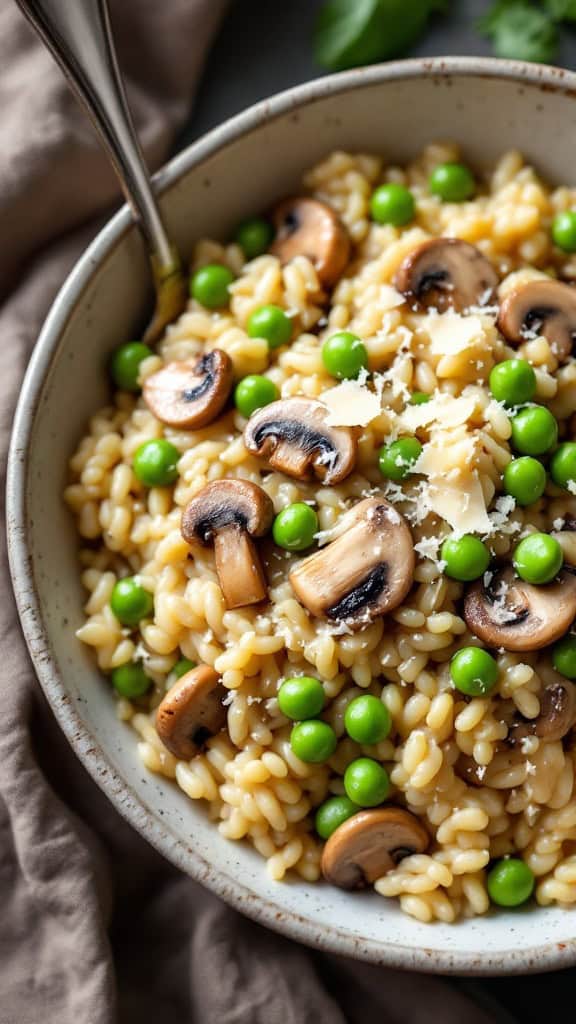 A plate of mushroom risotto garnished with peas and cheese.