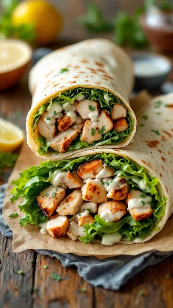 Two chicken Caesar wraps filled with grilled chicken, lettuce, and Caesar dressing, on a wooden table.