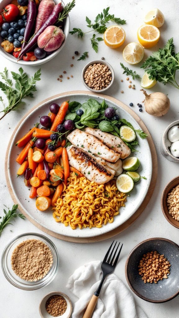 A colorful plate of grilled fish, seasonal vegetables, and noodles with various fresh ingredients surrounding it.