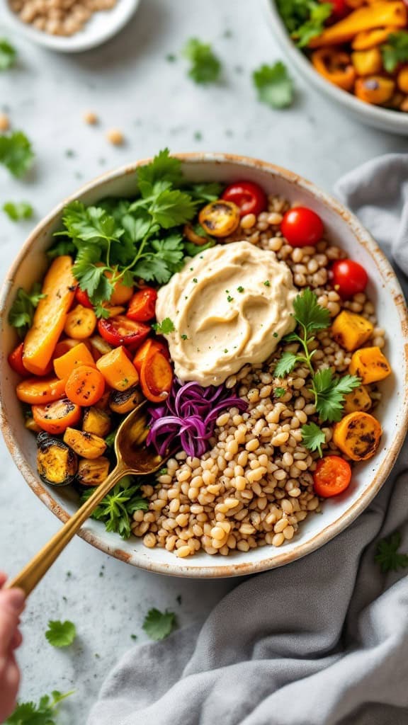 A vibrant bowl filled with grains, veggies, hummus, and garnished with leafy greens.