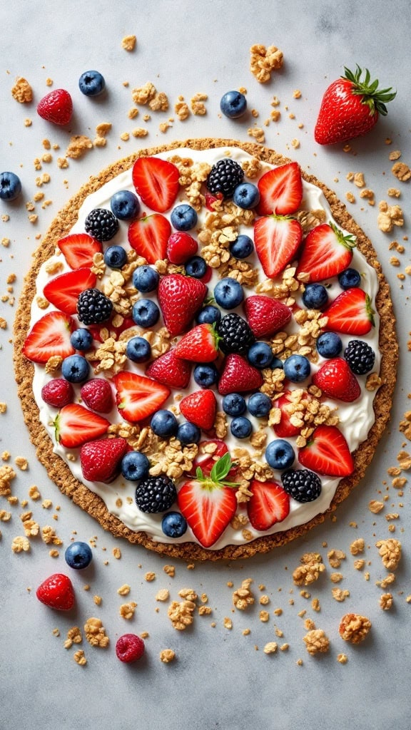 A delicious nutty granola fruit pizza topped with fresh strawberries, blueberries, blackberries, and raspberries.