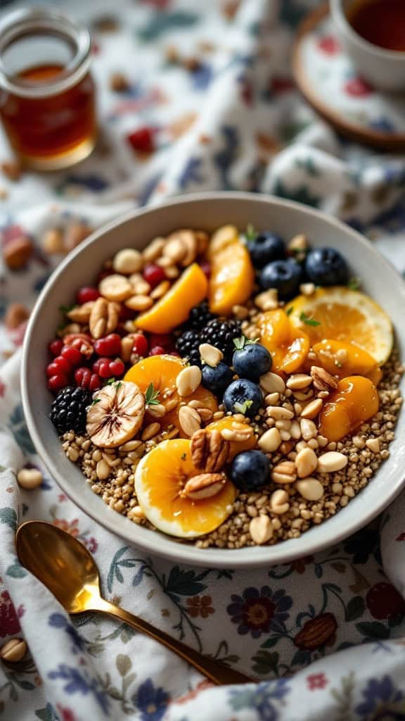 A vibrant bowl of nutty quinoa topped with fruits and nuts, surrounded by a cozy setting.