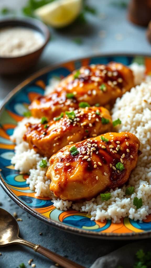 Plate of orange teriyaki chicken thighs served with rice and garnished with sesame seeds and herbs