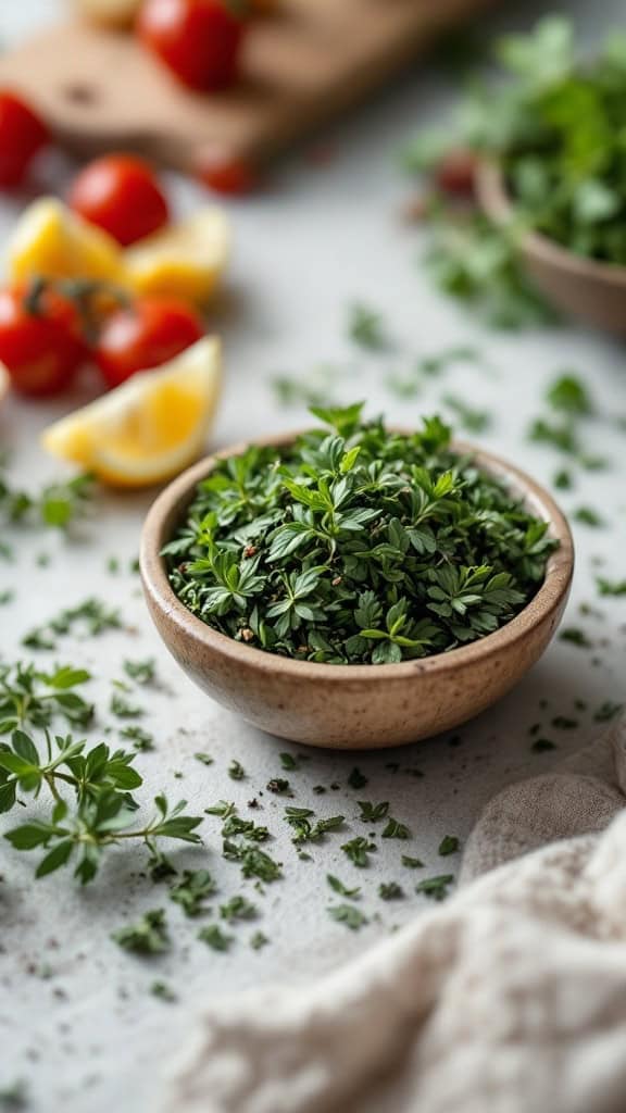 A bowl of fresh oregano leaves surrounded by tomatoes and lemons.