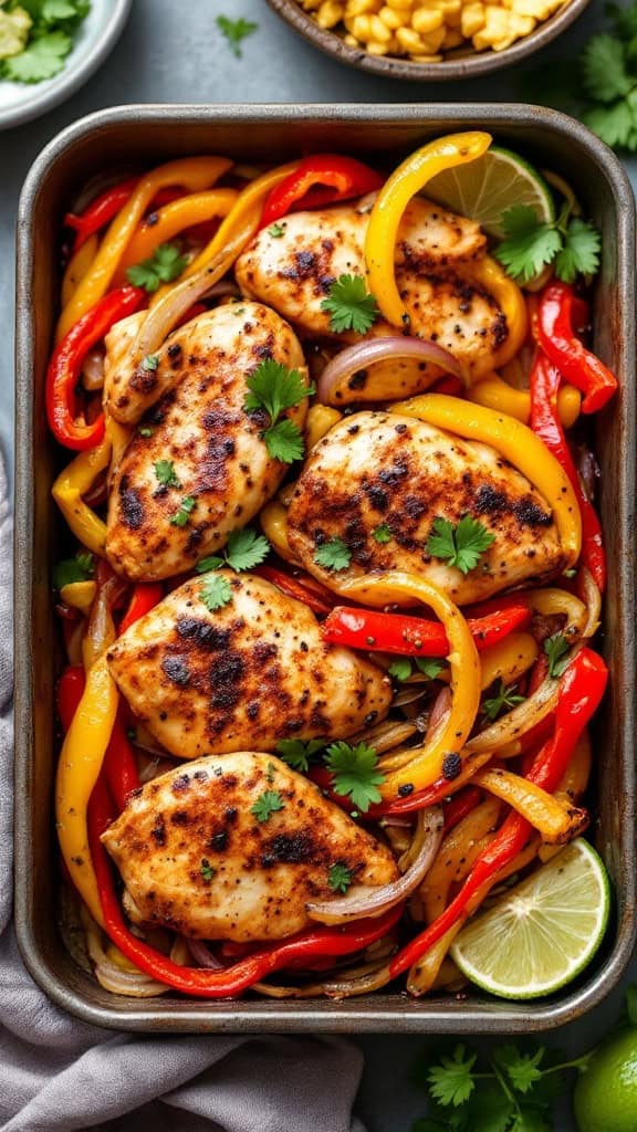 A tray of oven-baked chicken fajitas with colorful bell peppers and lime slices.