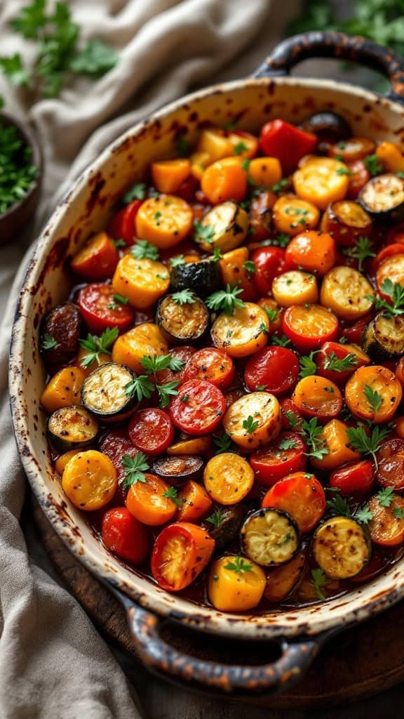 A dish of oven-baked ratatouille with various colorful vegetables