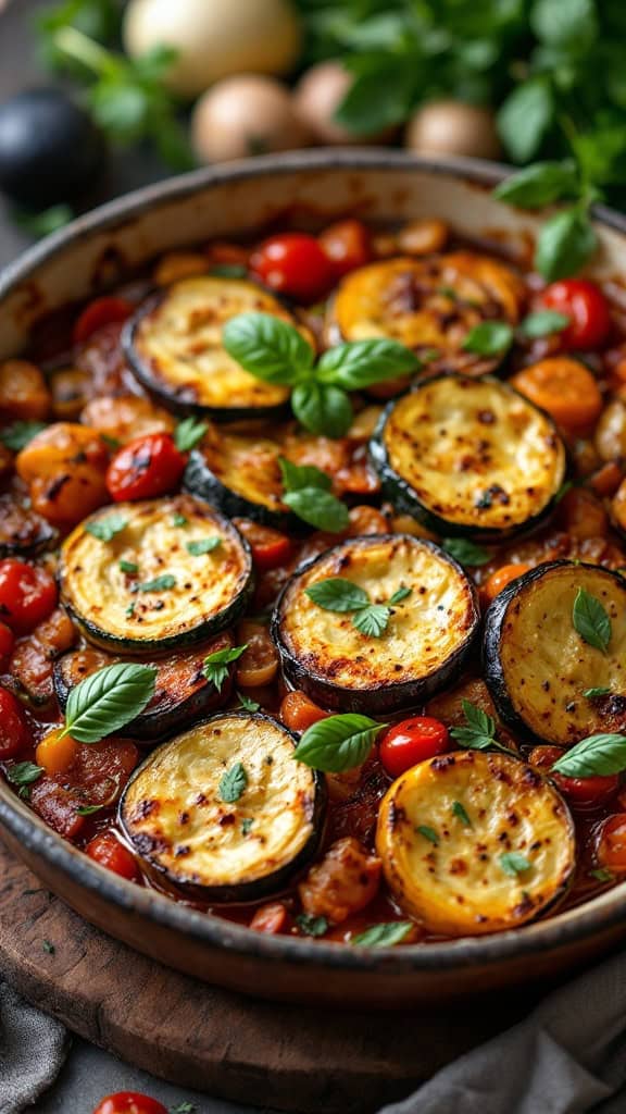 A dish of oven-baked ratatouille featuring sliced zucchini, cherry tomatoes, and fresh basil.