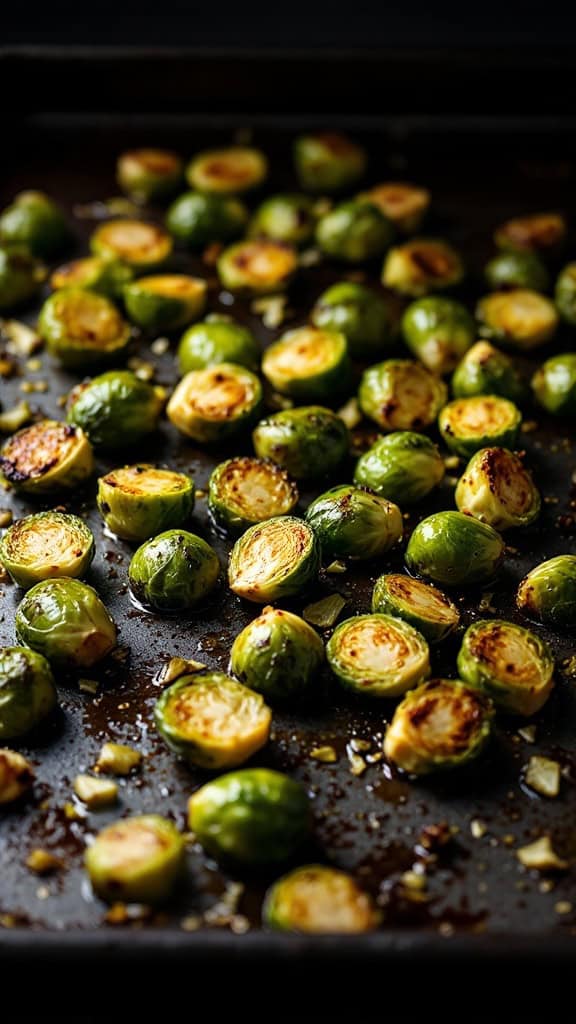 A tray of oven-roasted Brussels sprouts, golden and crispy.