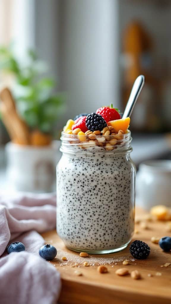 A jar of overnight chia seed pudding topped with fruits and nuts on a wooden surface