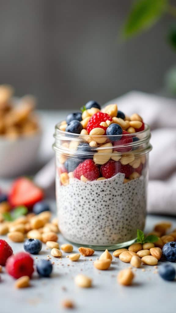 A jar of chia seed pudding topped with raspberries, blueberries, and chopped nuts surrounded by more berries.