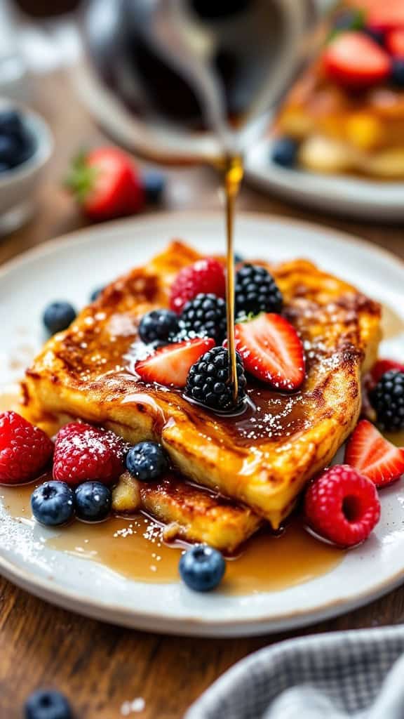 A slice of overnight French toast casserole topped with berries and syrup.