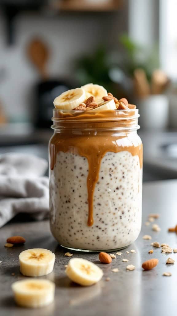 A jar of overnight oats layered with almond butter and sliced bananas, surrounded by banana slices and nuts.