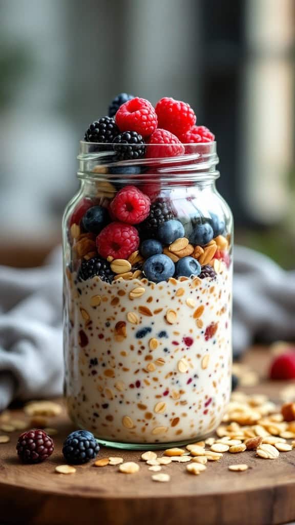 A jar of overnight oats layered with berries and oats on a wooden table.