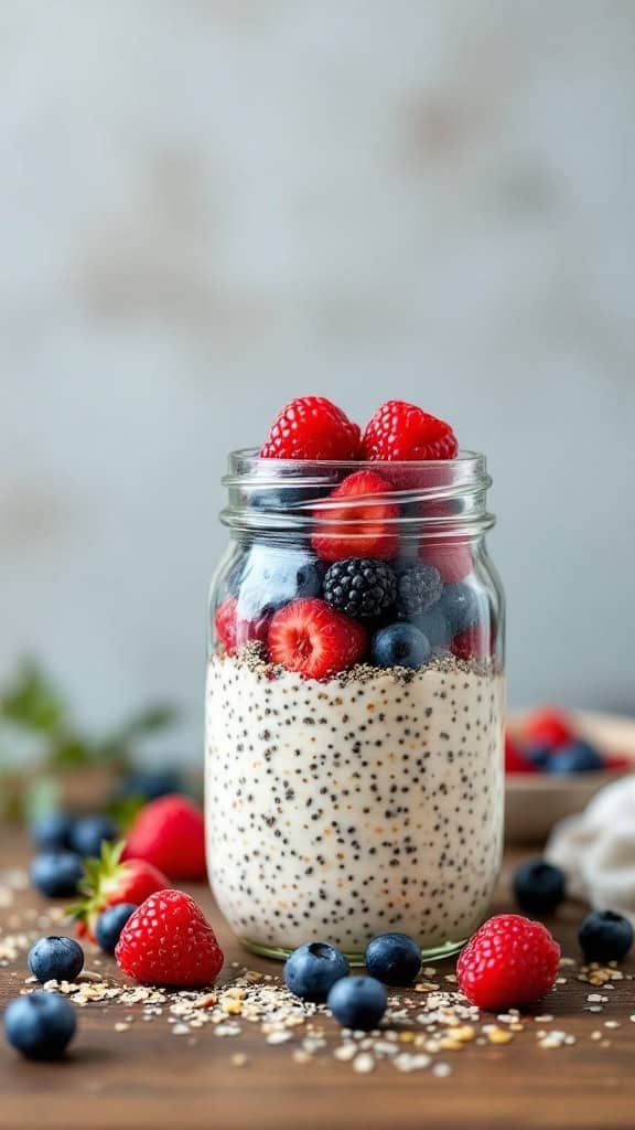 A jar of overnight oats layered with chia seeds and topped with fresh berries.