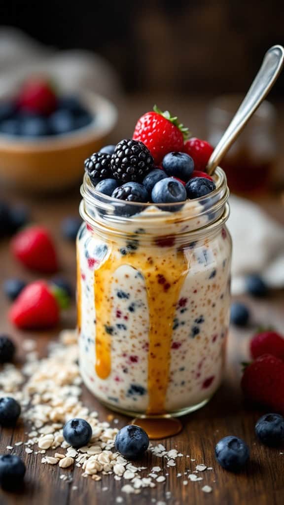 A jar of overnight oats topped with fresh berries, including strawberries, blueberries, and blackberries, with oats scattered around.