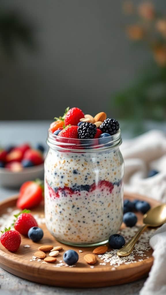 A jar of overnight oats topped with berries and almonds on a wooden plate.
