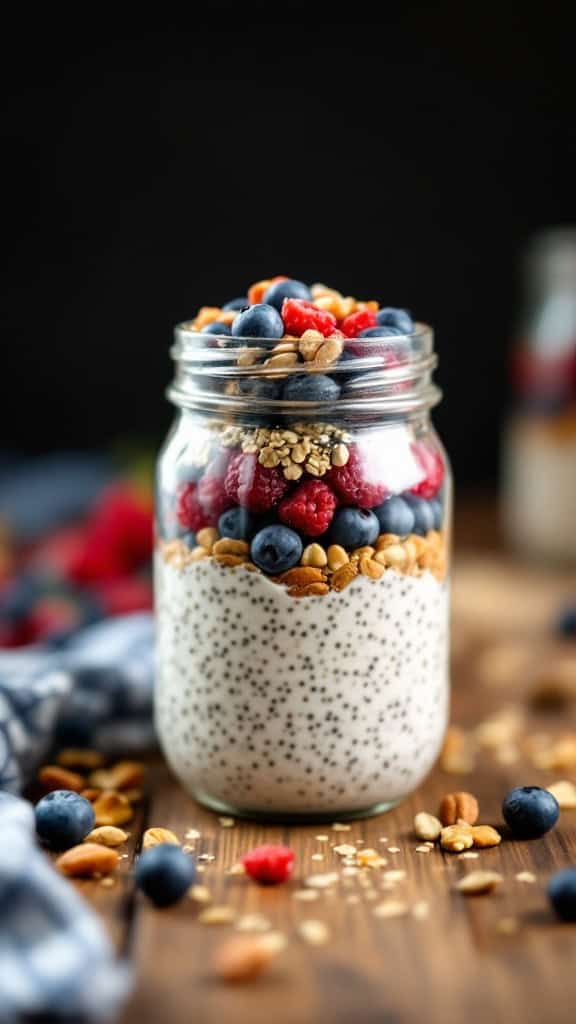 A jar of overnight oats layered with chia seeds, topped with mixed berries and nuts.