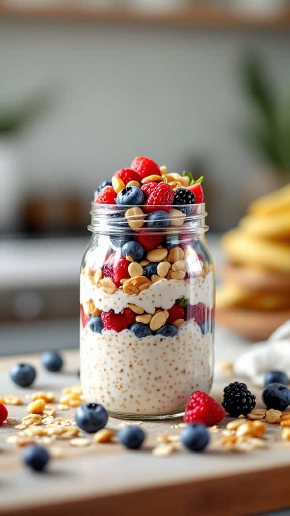 A jar of overnight oats layered with berries and nuts.