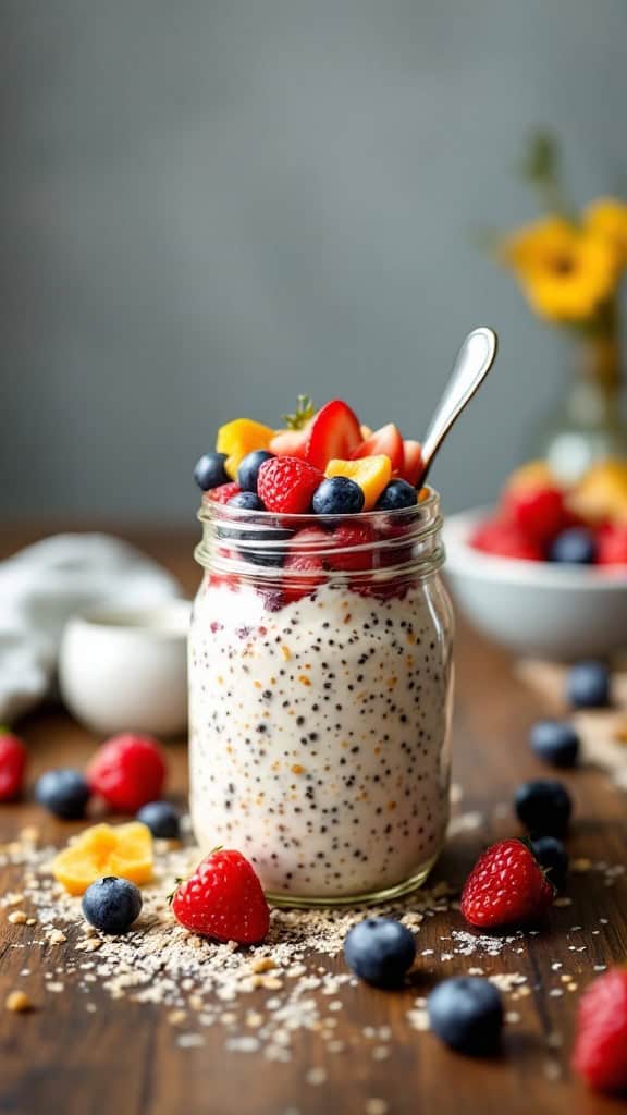 A jar of overnight oats with berries and chia seeds on a wooden table.