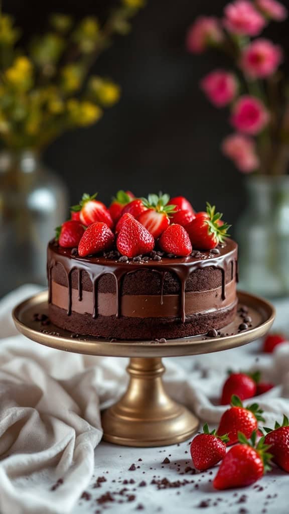 A chocolate cake topped with fresh strawberries on a gold cake stand, surrounded by strawberries and flowers.