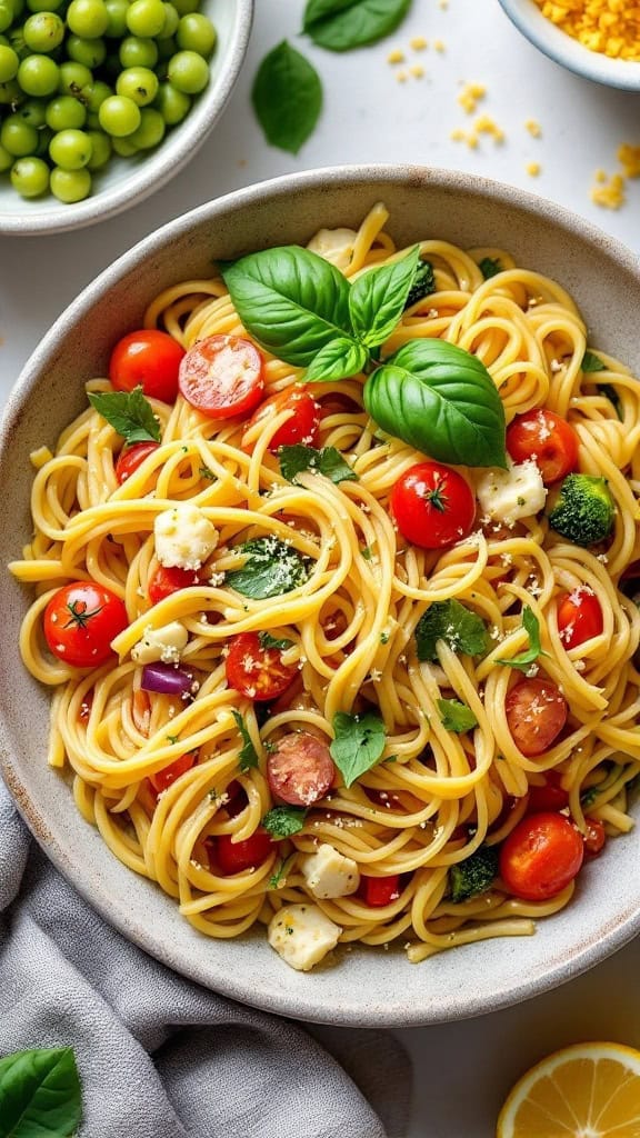 A bowl of Pasta Primavera with lemon, featuring pasta, cherry tomatoes, and fresh basil.