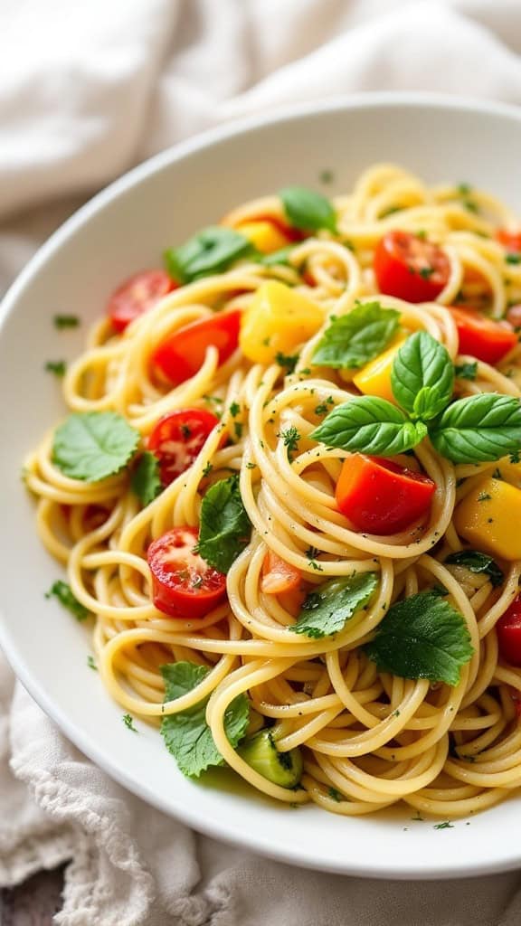 A bowl of pasta primavera with colorful seasonal vegetables and fresh basil.