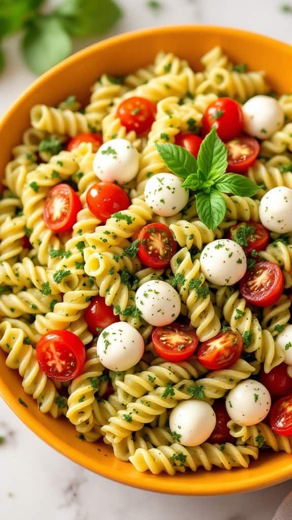 A bowl of pasta salad with pesto, cherry tomatoes, and mozzarella balls garnished with fresh herbs.