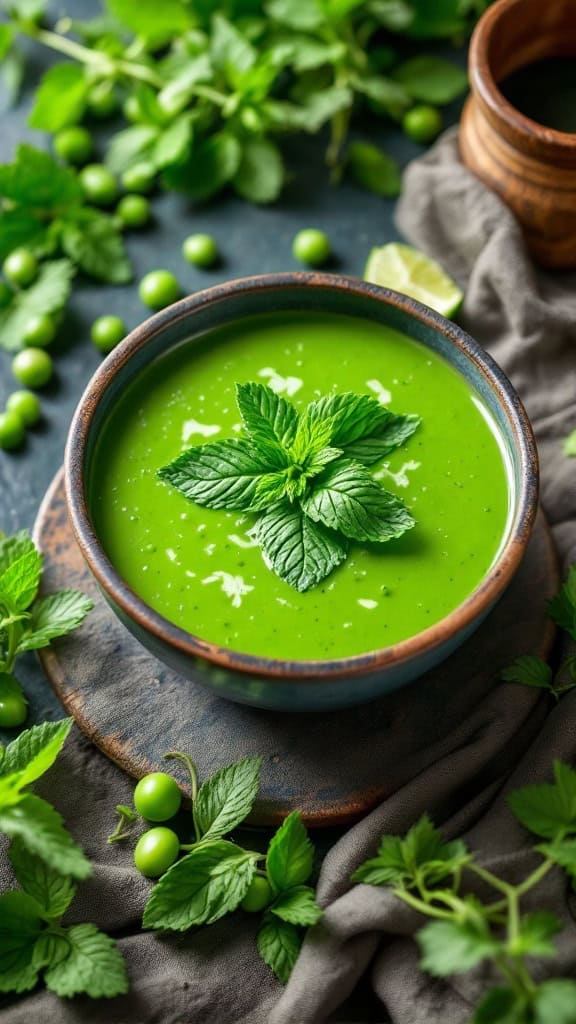 A bowl of vibrant green pea and mint soup garnished with fresh mint leaves, surrounded by mint and green peas.