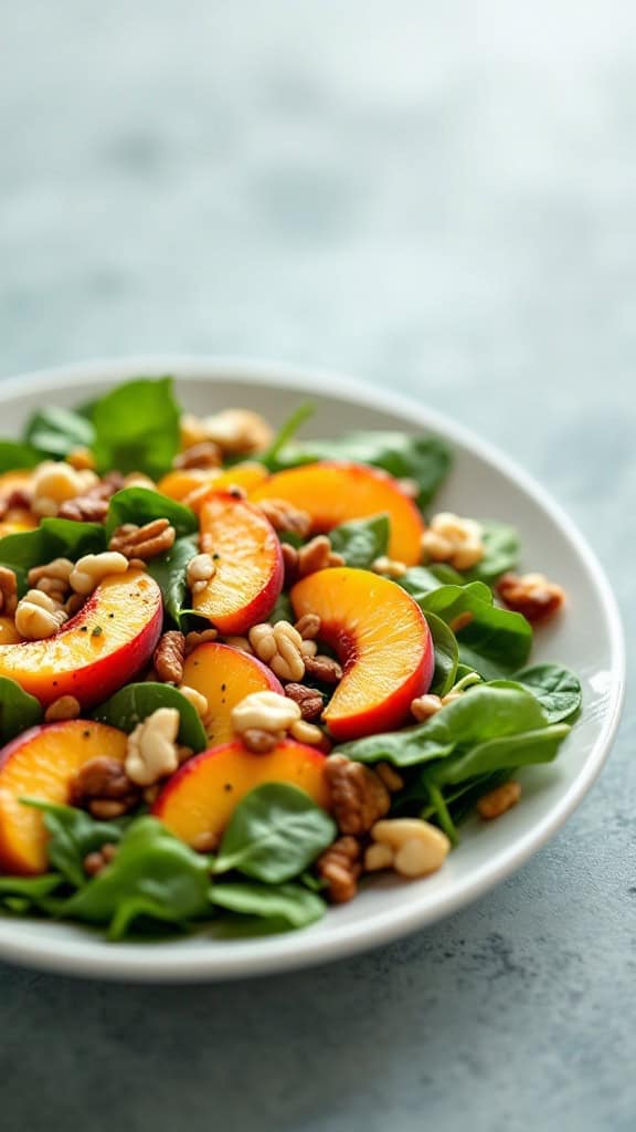 A bowl of peach and spinach salad with nuts
