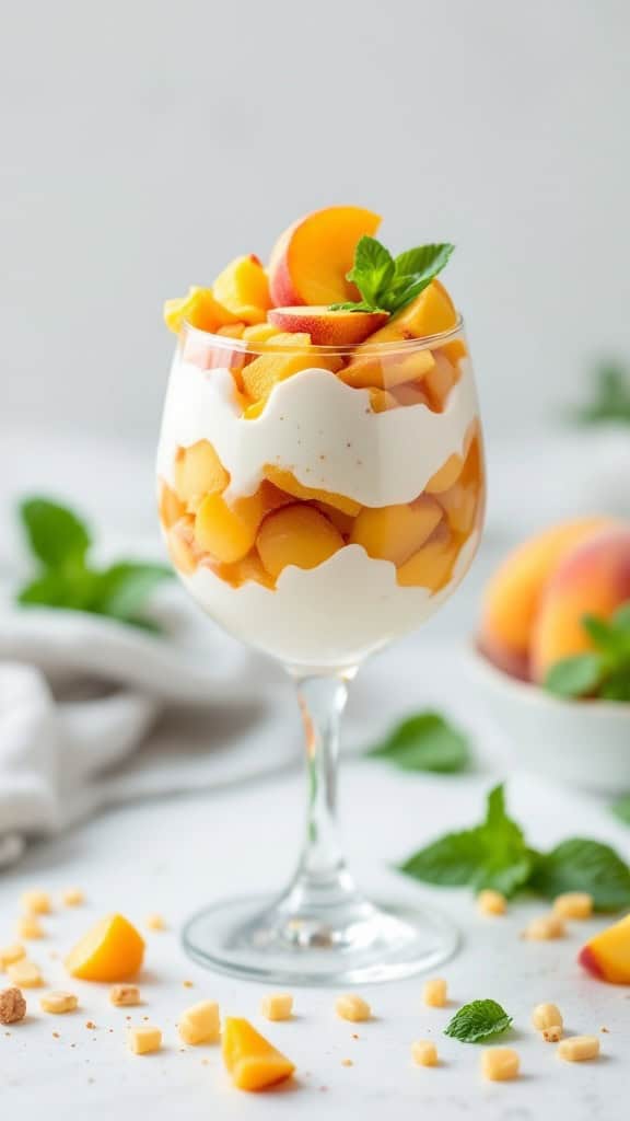 A glass of peach and yogurt parfait topped with fresh peach slices and mint leaves.