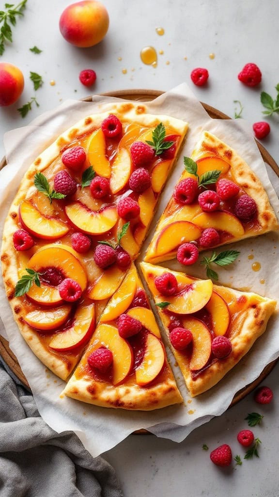 A delicious peach melba fruit pizza topped with peaches, raspberries, and mint leaves.