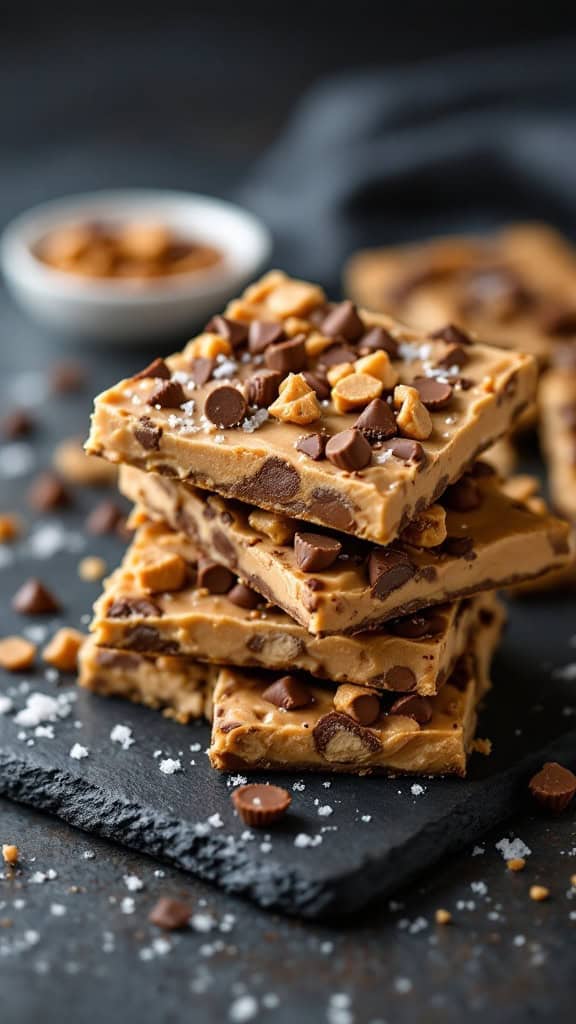 A stack of peanut butter cup crunch bark topped with chocolate chips on a slate surface