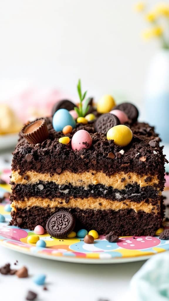 Peanut butter cup dirt cake with layers of chocolate and peanut butter, decorated with colorful candy eggs.