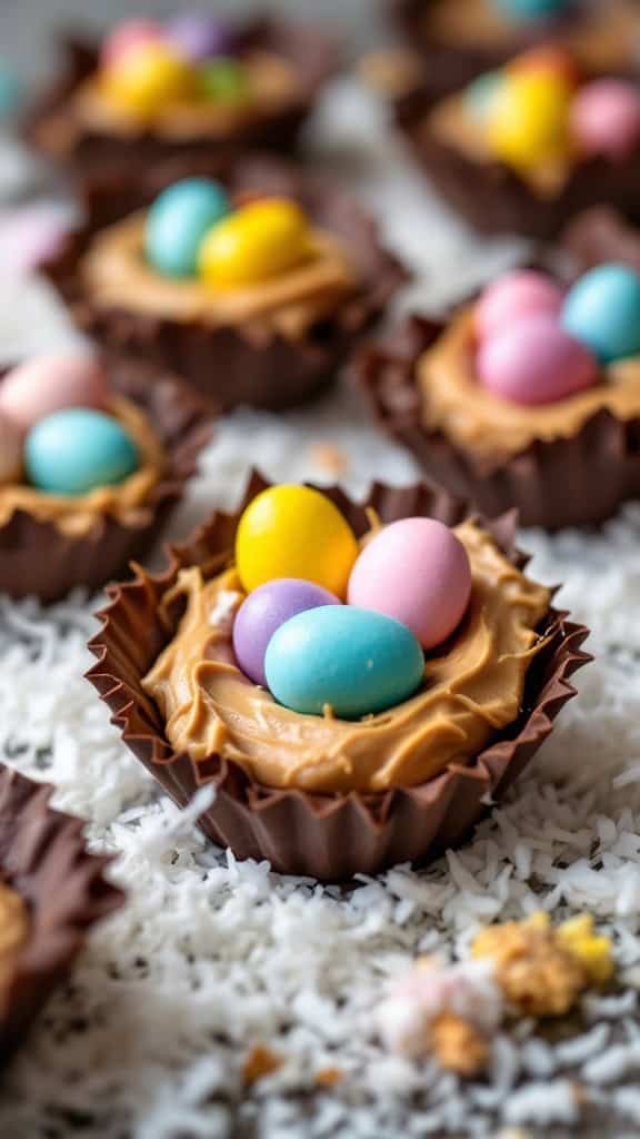 Peanut butter egg nests topped with colorful candy eggs