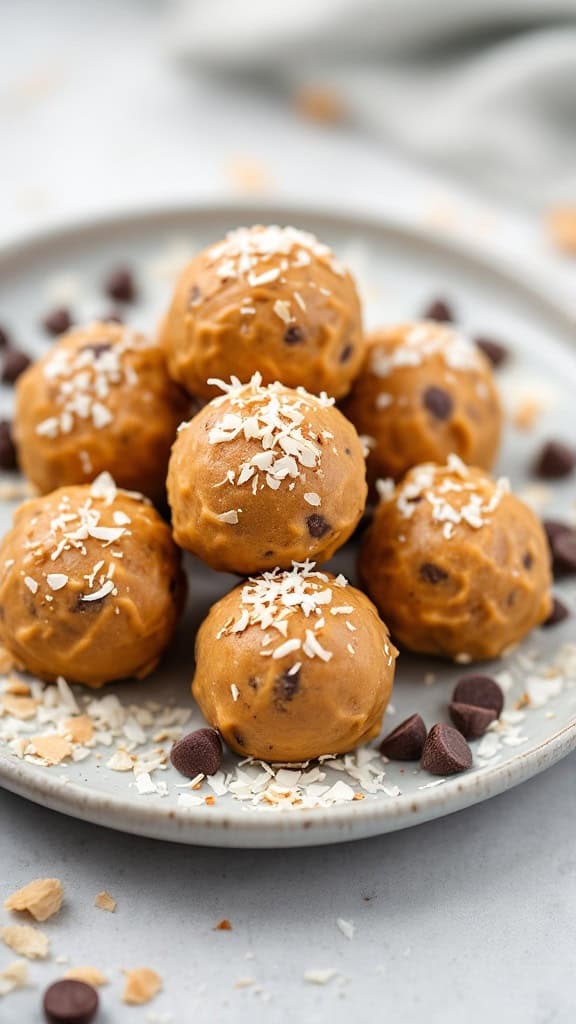 A plate of peanut butter protein balls topped with coconut flakes and chocolate chips.