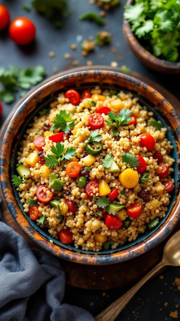 A bowl of Peruvian quinoa and vegetable stir-fry with colorful vegetables and herbs.