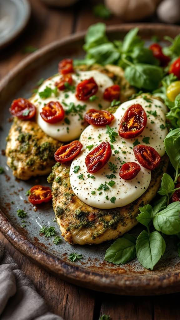 A plate of pesto chicken topped with sun-dried tomatoes and mozzarella, served with fresh greens.