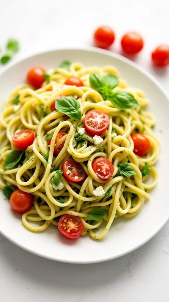 A bowl of pesto pasta salad with cherry tomatoes and fresh basil.