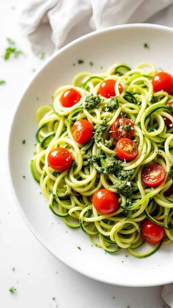 A plate of pesto zoodles topped with cherry tomatoes and greenery.