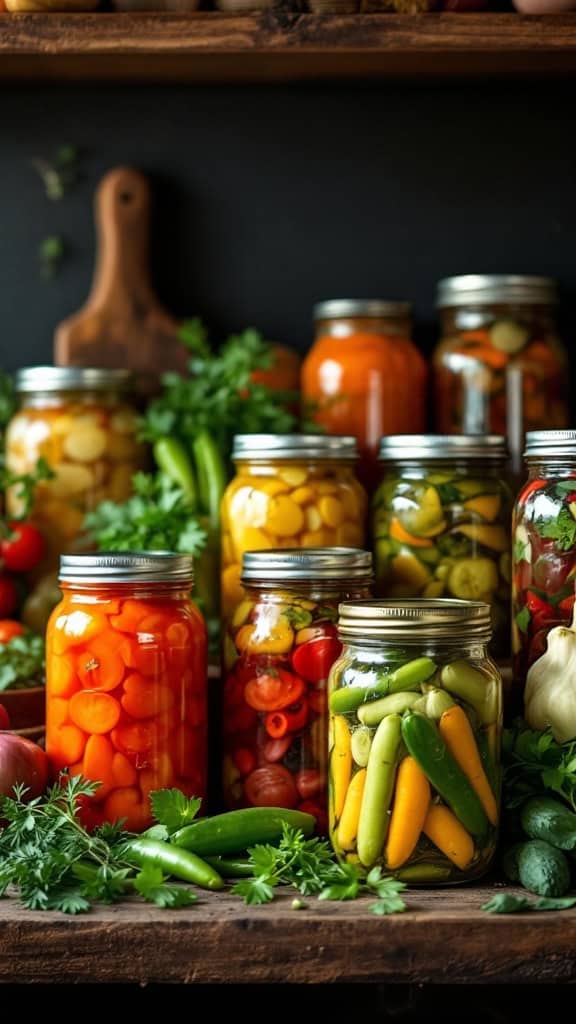 Jars of colorful pickled vegetables on a wooden shelf.