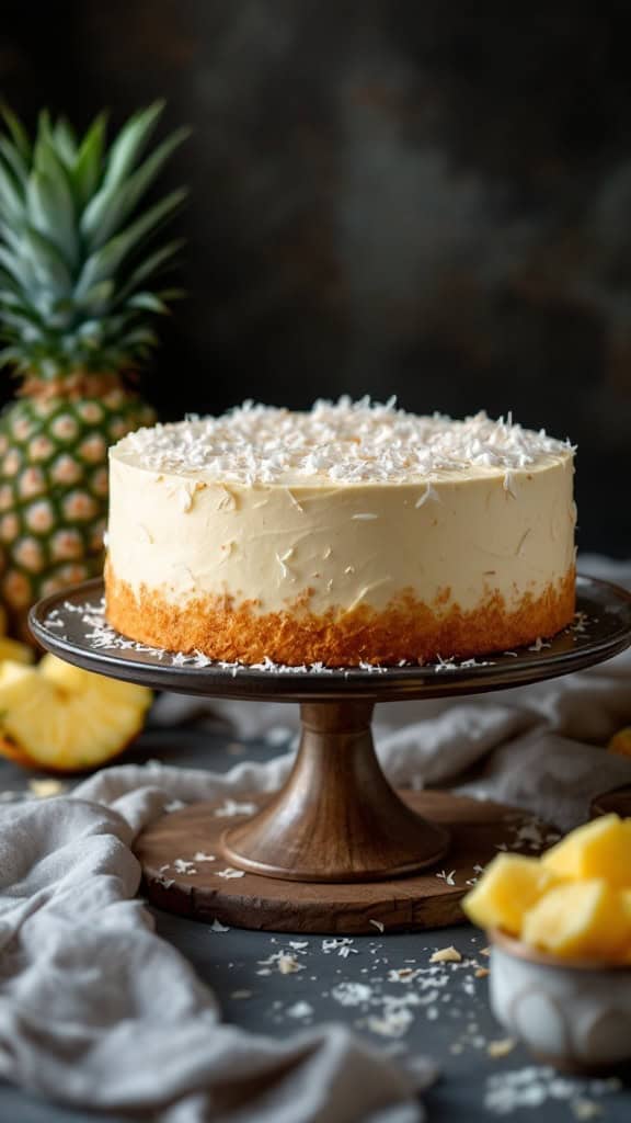 A beautifully decorated Pineapple and Coconut Chiffon Cake on a wooden cake stand, with pineapple slices and coconut flakes around it.