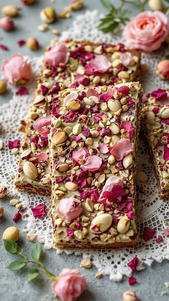 A close-up of pistachio rose bark topped with rose petals and nuts.