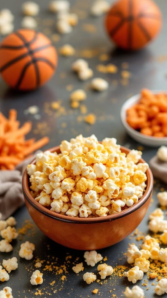 A bowl of popcorn seasoned with nutritional yeast surrounded by basketballs and other snacks.