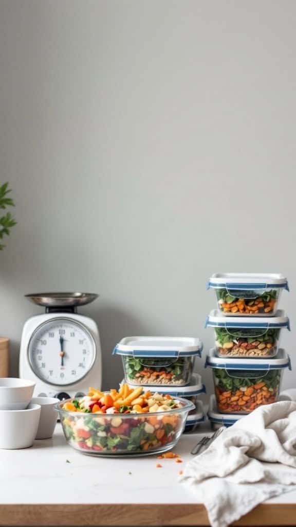 A kitchen scene showing meal prep containers filled with colorful vegetables and fruits, along with a scale and bowls.
