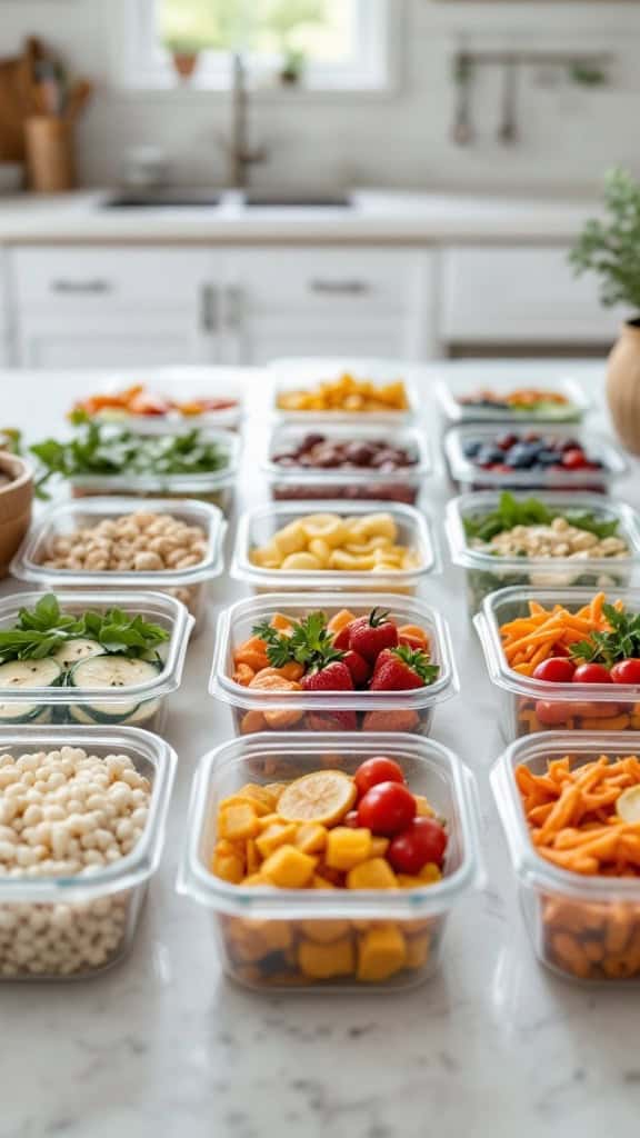 A variety of colorful, healthy food items neatly arranged in clear meal prep containers on a kitchen counter.