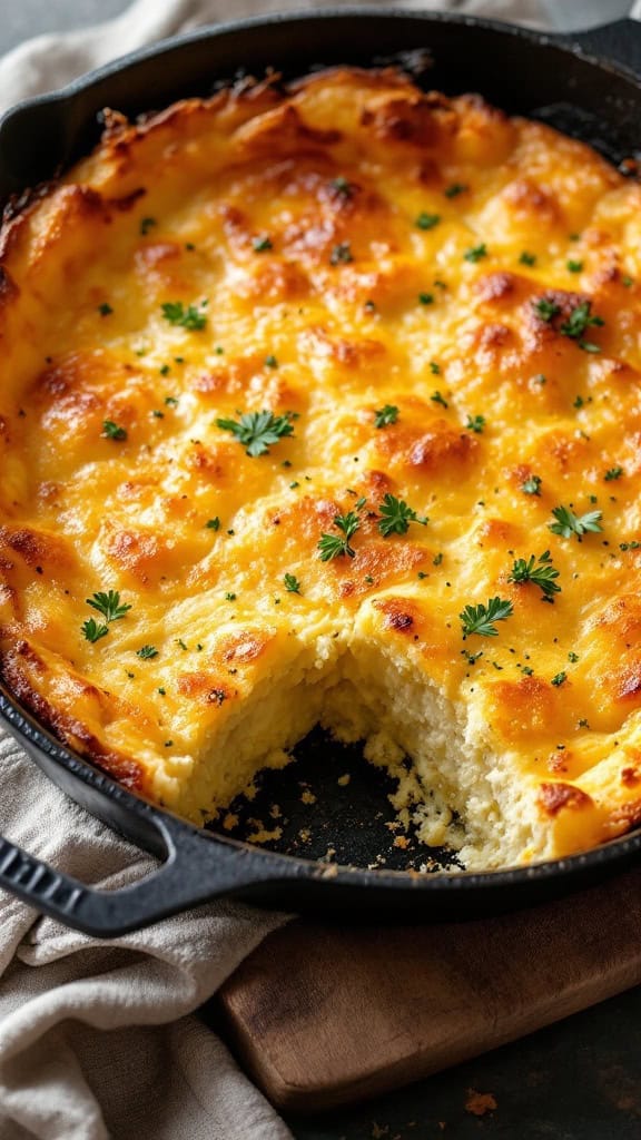 A golden brown potato kugel with crispy edges, garnished with green herbs.