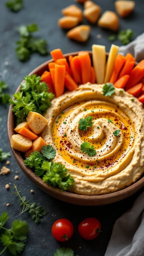 A bowl of hummus surrounded by fresh vegetables like carrots and bell peppers.